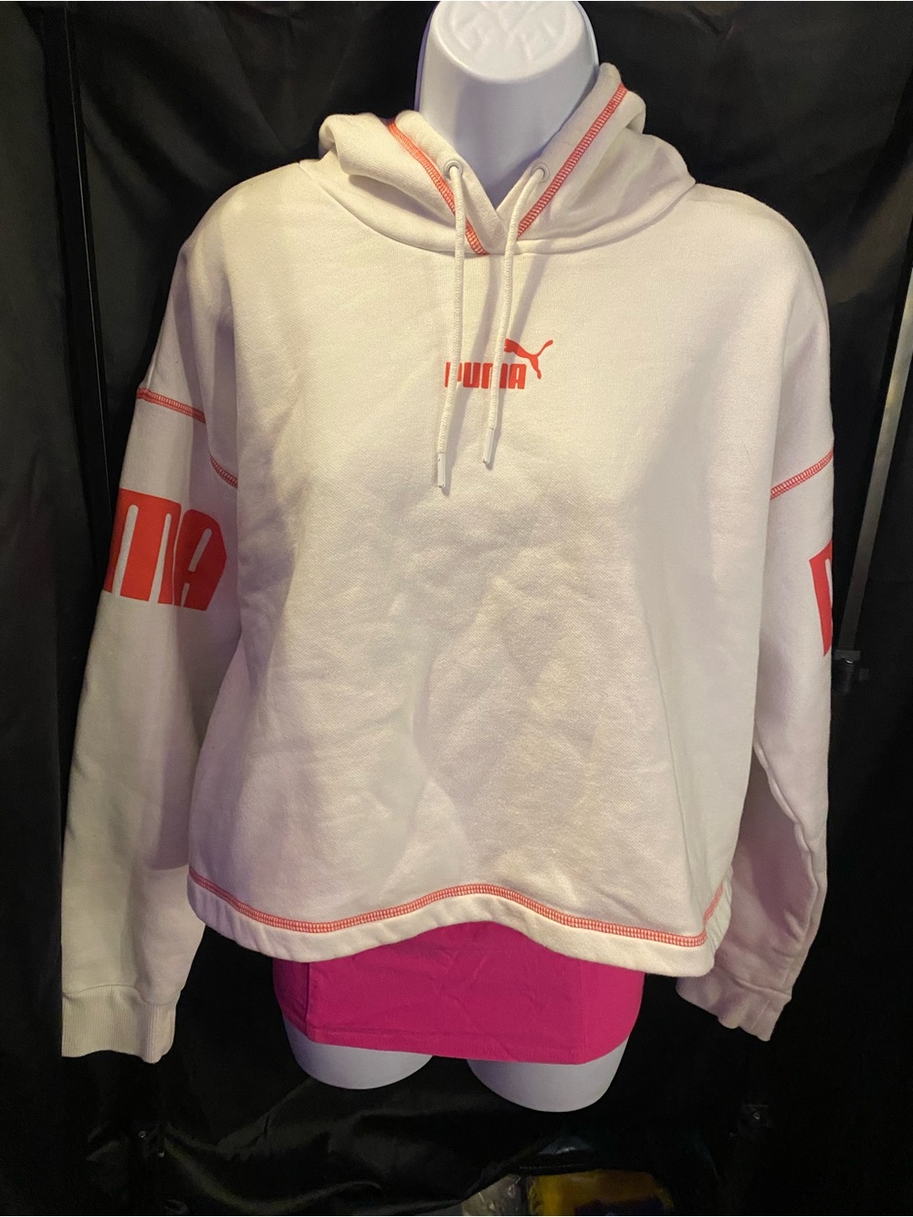 Puma White Hoodie with Pink Logo and Trim